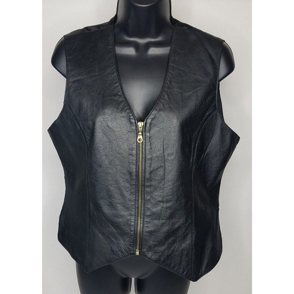Vintage Womens Full Zip Black Leather Motorcycle Vest by Styleworks M
